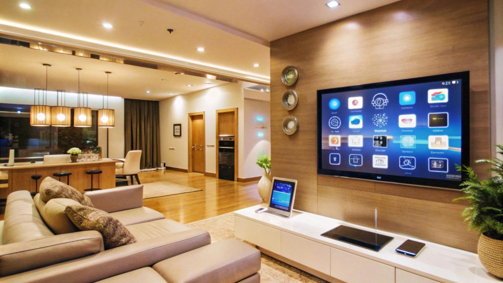 Modern living room with smart TV, stylish furniture, and ambient lighting in a contemporary open-plan layout