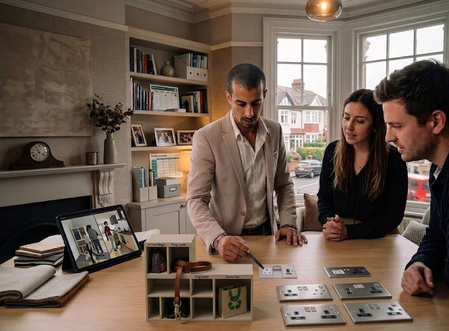 People discussing home automation technology around a table in a modern office setting with smart devices displayed