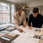 Architects collaborating on design plans in a stylish office with fabric swatches and blueprints on the table