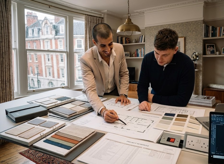 Architects collaborating on design plans in a stylish office with fabric swatches and blueprints on the table