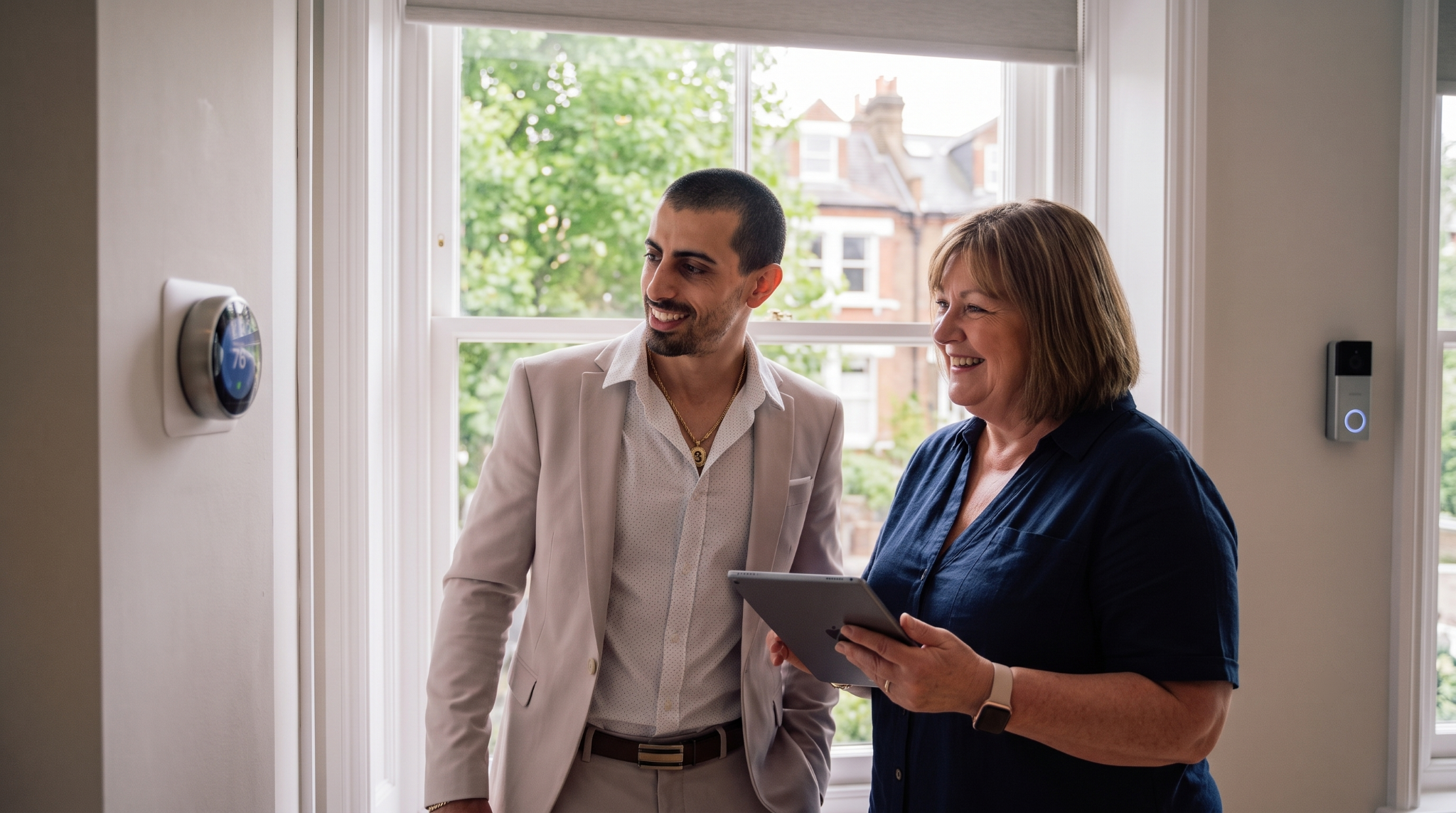 Two people discussing smart home upgrades
